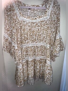 Free People Cream and Brown Floral Lace-Trim Tunic